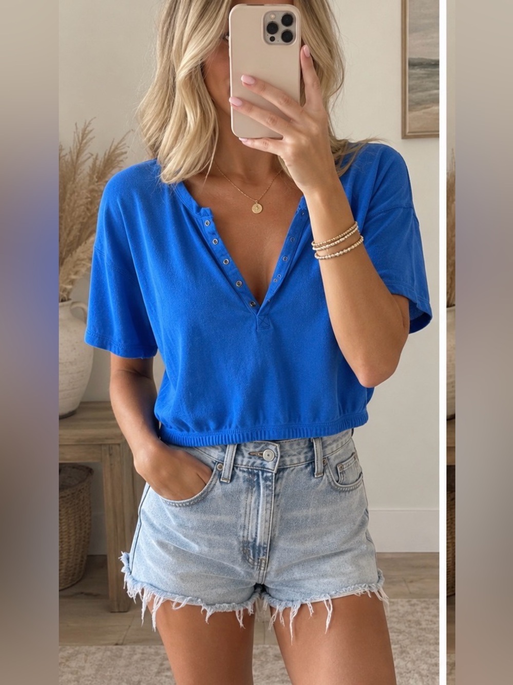 aerie Electric Blue Cropped Snap-Front Top